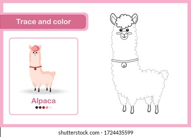 Drawing worksheet for preschool kids, Trace and colour : Alpaca