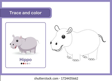 Drawing worksheet for preschool kids, Trace and colour : Hippo