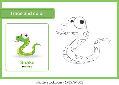 Drawing worksheet for preschool kids, Trace and colour : Snake