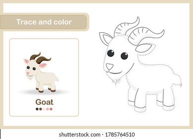 Drawing worksheet for preschool kids, Trace and colour : Goat