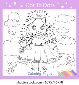 Drawing worksheets. Dot to dots with drawn cute girl. Children funny picture riddle. Coloring page for kids. Drawing lesson. Activity art game for book. Vector illustration.