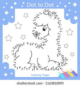 Drawing worksheets. Dot to dots with drawn cute llama. Children funny picture riddle. Coloring page for kids. Drawing lesson. Activity art game for book. Vector illustration.