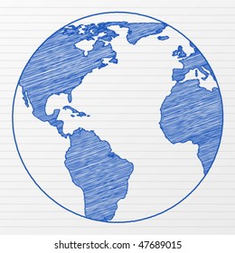 Drawing world globe on a notepad sheet. Vector illustration.