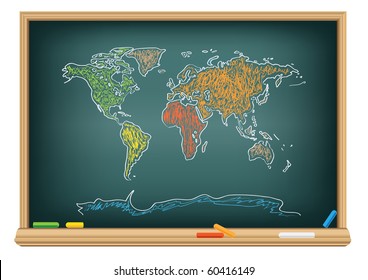 Drawing world map by a chalk on the classroom blackboard