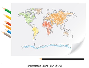 Drawing world map by a color pencils on the white paper