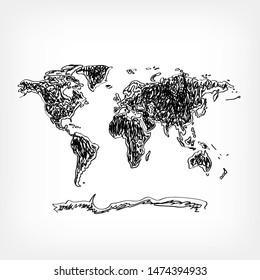 Drawing world map on white background. Drawn black color earth land continent. Ecology planet pollution