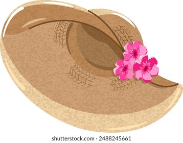 Drawing of a woven summer hat for women, decorated with flowers. Flat style, vector.