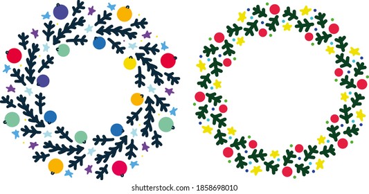 drawing wreaths for Christmas on a white background colored bright Christmas elements. Beautiful pattern for gift wrapping paper, t-shirts, greeting cards 2021