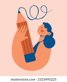 Drawing, writing, creating, design, blogging, working concept. Cute women with a large pencil. Young person holding pencil. Cartoon character in flat style. Hand drawn illustration.