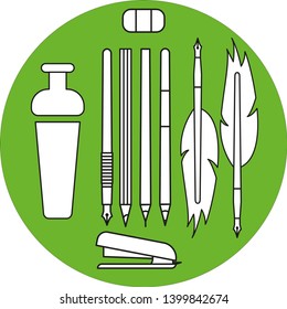 Drawing and writing tool set on green circule. Office tools. Vector graphic.