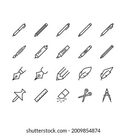 Drawing and Writing tools flat line icons set. Stationery tools - Pen, pencil, ruler, button. Simple flat vector illustration web site or mobile app.