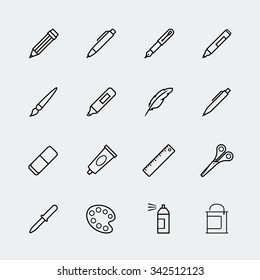 Drawing and writing tools icon set in thin line style