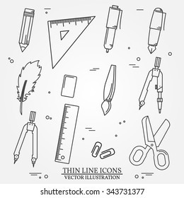 Drawing and writing tools icon thin line for web and mobile, modern minimalistic flat design. Vector dark grey icon on light grey background.