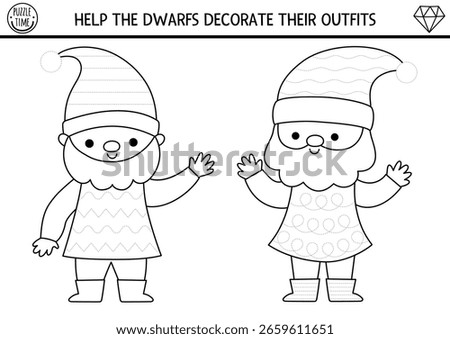 Drawing, writing, tracing, black and white activity for kids with woodland dwarfs and dresses. Fantasy forest printable coloring page or handwriting practice puzzle. Complete gnome costume
