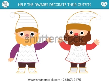 Drawing, writing, tracing, coloring activity for kids with woodland dwarfs and dresses. Fantasy forest preschool printable activity, game, handwriting practice puzzle. Complete gnome costume
