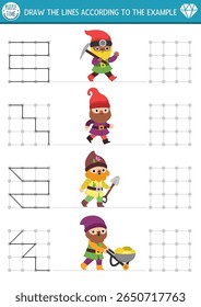 Drawing, writing, tracing, space orientation activity for kids with woodland dwarfs. Draw lines in square box according example. Preschool printable game, puzzle with gnome gardener, miner
