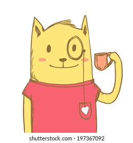 Drawing yellow cat with cup of coffee
