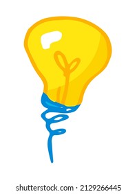 drawing of a yellow light bulb. A hand-drawn isolated element in cartoon style, a bright yellow round-shaped electric light bulb with a blue spiral base and wire, on white for a design template. Symbo