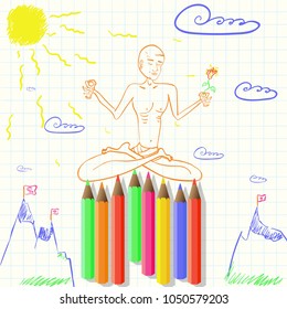 drawing yoga sitting on sharp pencils among the mountains, painted in a children's checkbook