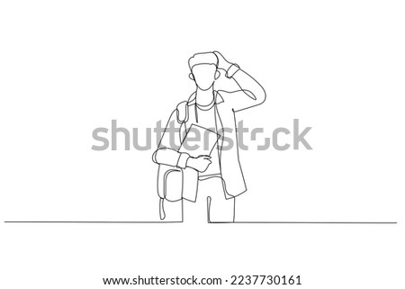 Drawing of young american man wearing student backpack holding book thinking about the test. Continuous line art
