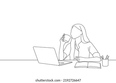 Drawing of young asian businesswoman holding a coffee mug and laptop working at the office. Outline drawing style art
