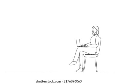 Drawing of Young Asian woman teen smiling sitting on chair using laptop computer Continuous line art
