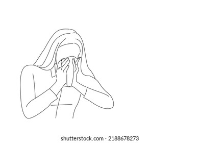 Drawing Of Young Business Woman Got Nose Allergy, Flu Sneezing Nose. Line Art Style
