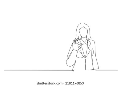 Drawing of young business woman showing OK sign. Single line art style
