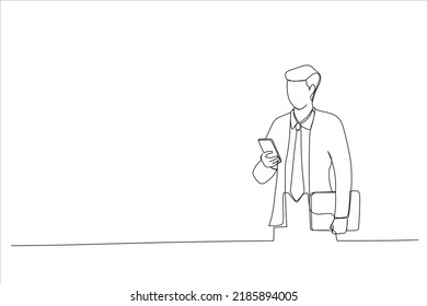 Drawing of young businessman holding his laptop while using his phone and standing on the street. Single line art style
