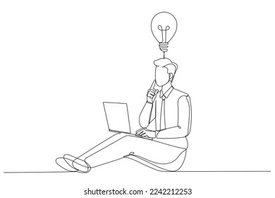 Drawing of young businessman with laptop has an idea. Single continuous line art style