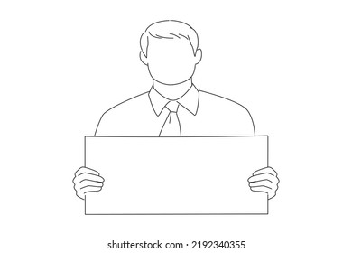 Drawing of young businessman showing blank signboard, with copyspace area for text or slogan. Line art style
