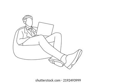 Drawing of young businessman sitting in pouf and using laptop. Line art style
