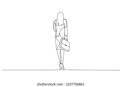 Drawing of young businesswoman walking with a handbag. Rear view. Single continuous line art style
