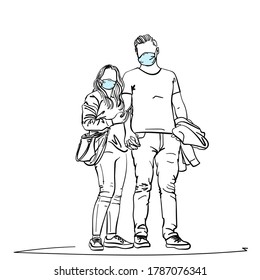 Drawing of young couple wearing medical face mask standing together holding hands. Coronavirus prevention people man and woman with no face. Vector sketch Hand drawn illustration