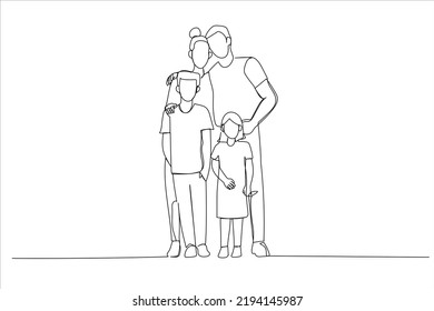 Drawing young family and two children standing together  Single line art style
