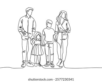 Drawing of young family with two children standing together. Single line art style