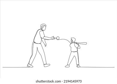 Drawing Of Young Father And His Little Boy Child Playing Baseball Outside. Single Line Art Style
