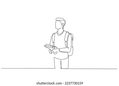 Drawing of young male college student holding books and wear backpack. Single continuous line art style

