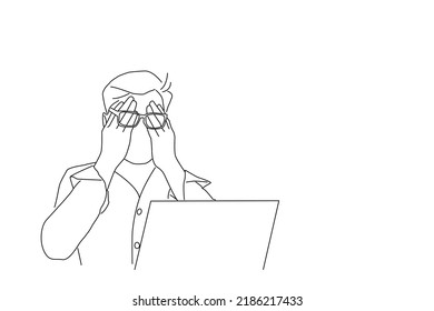 Drawing Of Young Man In Glasses Covering Face Eyes With Both Hands. Line Art Style
