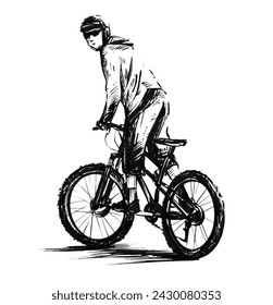 Dibujo de un joven montando bicicleta en la calle 