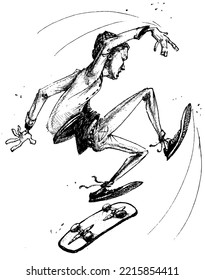 Drawing of a young man riding skateboard. Illustration of skater doing tricks hand drawn. Vector sketch isolated outlines