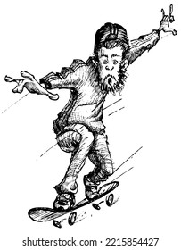 Drawing of a young man riding skateboard. Illustration of skater doing tricks hand drawn. Vector sketch isolated outlines