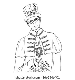 Drawing of a young man in steampunk style. Vector black and white sketch. Hand-drawn. Isolated on a white background. Coloring book for children and adults.