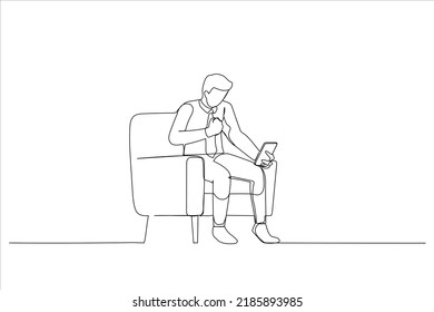 Drawing of young man wearing a suit using his phone feeling excited and rejoices while looking at the phone. Single line art style
