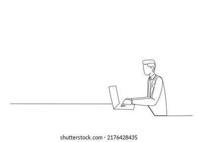 Drawing of young man working on computer at office freelancer in casual, employee, worker , typing and chatting online. Single line design style
