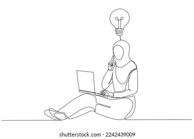 Drawing of young muslim businesswoman with laptop has an idea. Single line art style