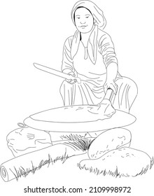 Drawing a young nomadic woman who cooks yufka using wood fire