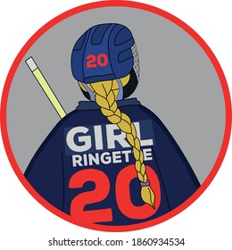 Drawing of a young Ringette player from the back holding her stick