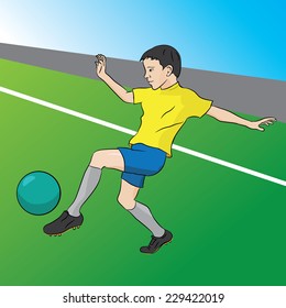 Drawing young soccer player in a dynamic perspective