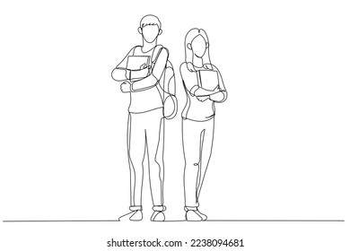 Dibujo de una pareja de jóvenes estudiantes parados y posando frente al campus. Estilo de la línea continua única
